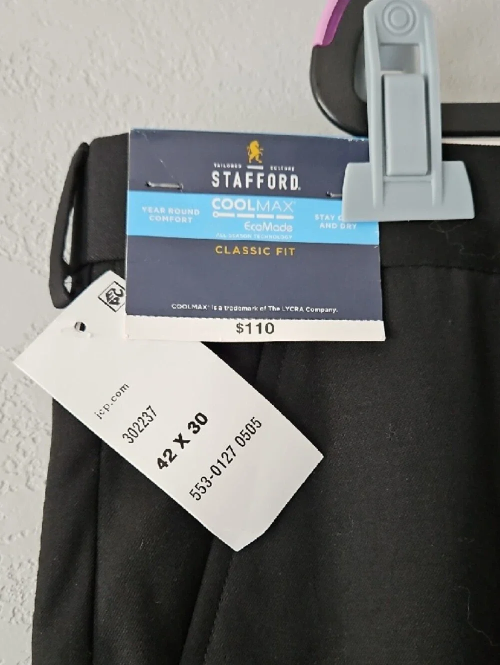 Stafford Black Men’s Dress Pants 42x30 NWT Coolmax With Stretch Waist Black - Picture 3 of 8